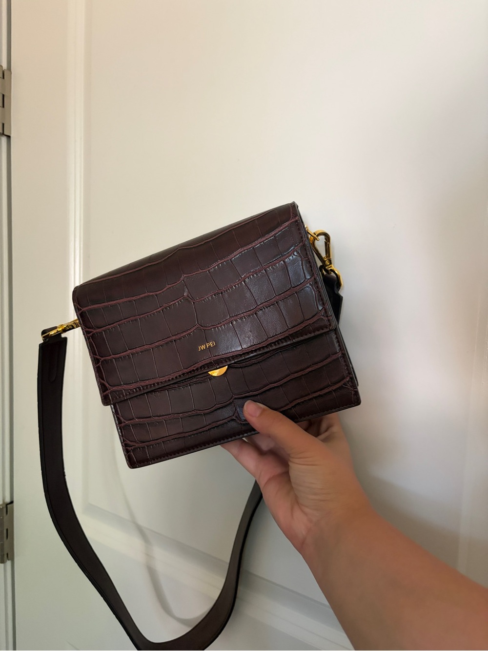 JW PEI Croc-Embossed Crossbody Bag in Dark Brown with Gold Hardware